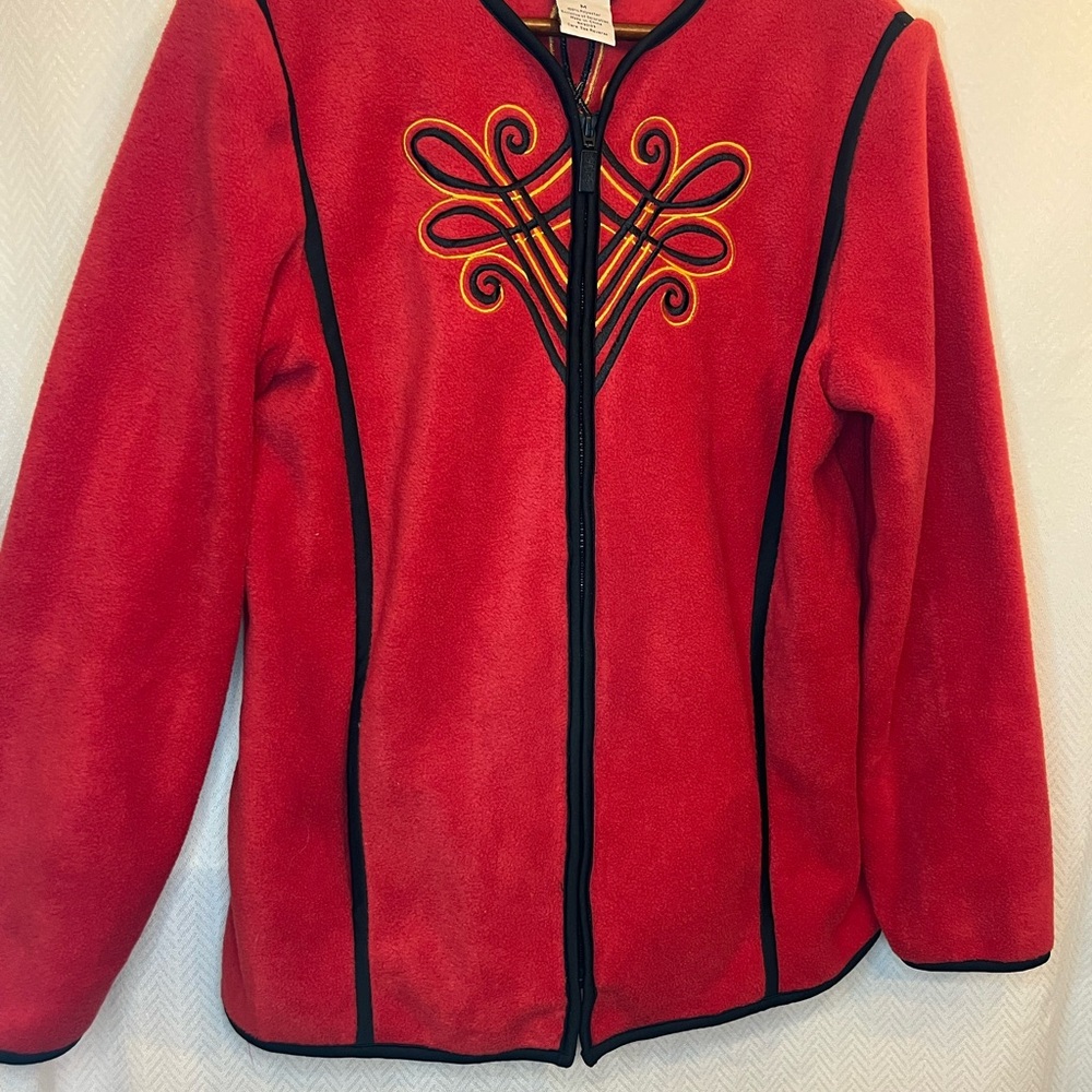 Bob Mackie Red Fleece Gold Embroidered Art to wear zip up Women's Jacket Medium